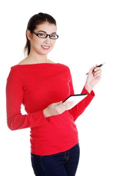 Young pretty woman working on tablet computer, isolated on white