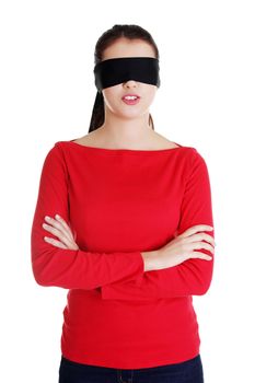 Portrait of the young woman blindfold , isolated on white
