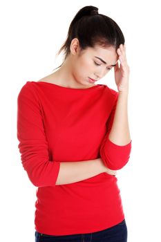 Young sad woman have big problem ,depression or headache , over white background