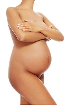 Pregnant woman body, over white background
