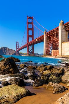 San Francisco Golden Gate Bridge GGB from Marshall beach in California USA