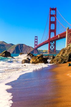 San Francisco Golden Gate Bridge GGB from Marshall beach in California USA