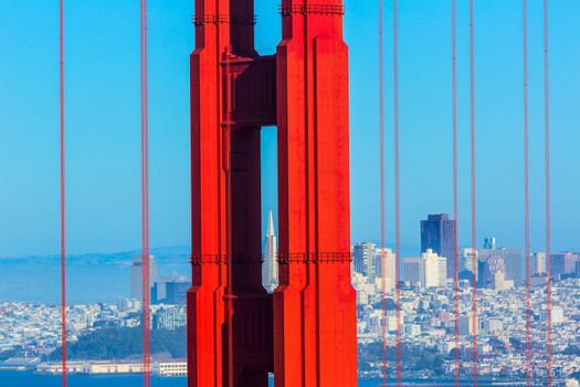 San Francisco Golden Gate Bridge view through cables in California USA