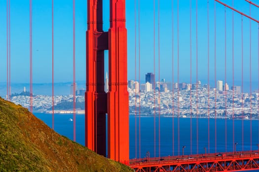 San Francisco Golden Gate Bridge view through cables in California USA