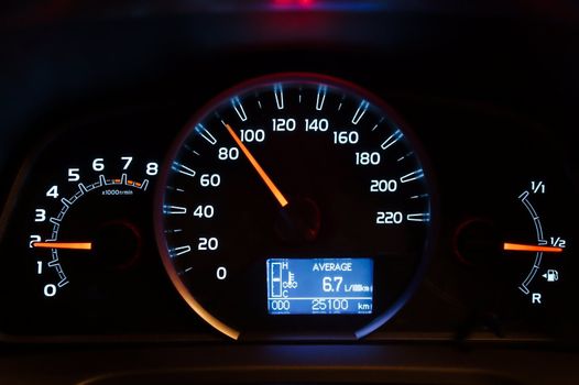 Speedometer of a car illuminated