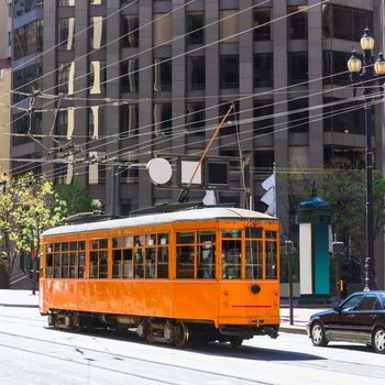 San Francisco Cable car Tram in Market Street downtown California USA