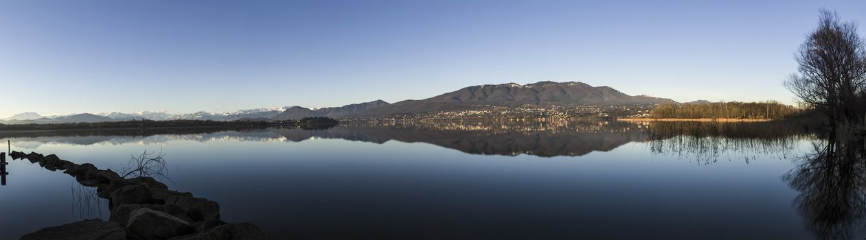 Panorama on the lake of Varese and Mount Campo dei Fiori, Italy