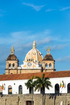 Colonial architecture and San Pedro Claver church in the historic center of Cartagena, Colombia
