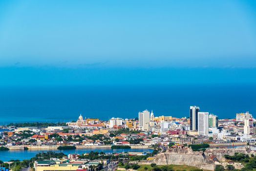 View of the historic center of Cartagena, Colombia with the old town and San Felipe de Barajas fort visible