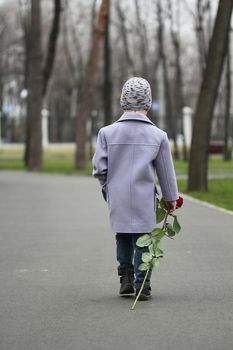 Little romantic boy with rose walking in the park