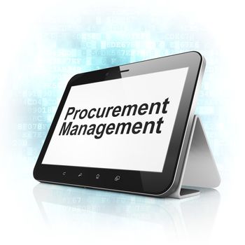 Finance concept: black tablet pc computer with text Procurement Management on display. Modern portable touch pad on Blue Digital background, 3d render