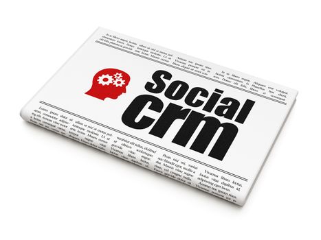 Finance concept: newspaper headline Social CRM and Head With Gears icon on White background, 3d render