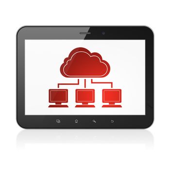 Cloud computing concept: black tablet pc computer with Cloud Network icon on display. Modern portable touch pad on White background, 3d render