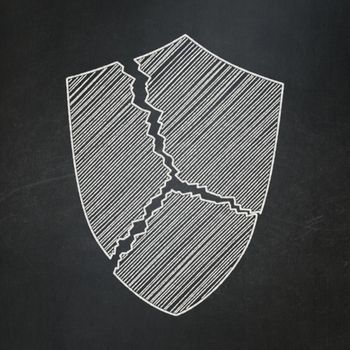 Privacy concept: Broken Shield icon on Black chalkboard background, 3d render