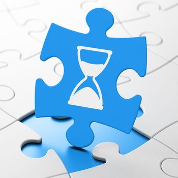 Time concept: Hourglass on Blue puzzle pieces background, 3d render