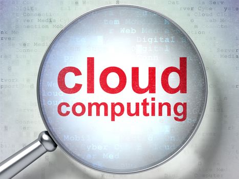 Cloud computing concept: magnifying optical glass with words Cloud Computing on digital background, 3d render