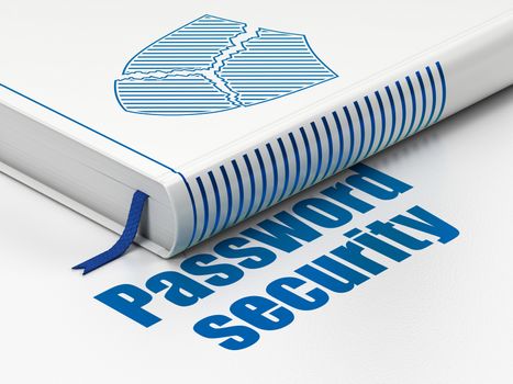 Privacy concept: closed book with Blue Broken Shield icon and text Password Security on floor, white background, 3d render