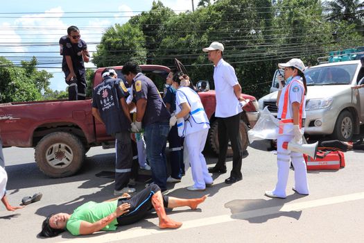 SURAT THANI, THAILAND - OCTOBER 4 : Practicing fire protection plan and rescue car accident on October 4, 2012 in Surat Thani, Thailand.