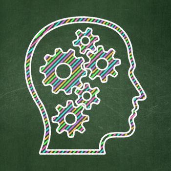 Data concept: Head With Gears icon on Green chalkboard background, 3d render