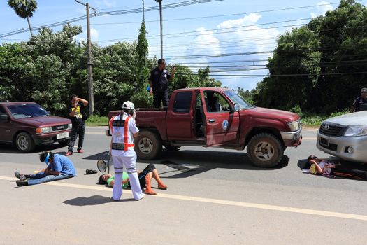 SURAT THANI, THAILAND - OCTOBER 4 : Practicing fire protection plan and rescue car accident on October 4, 2012 in Surat Thani, Thailand.