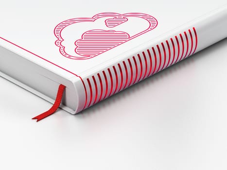 Cloud technology concept: closed book with Red Cloud icon on floor, white background, 3d render