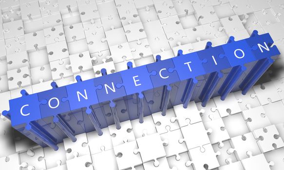 Connection - puzzle 3d render illustration with text on blue jigsaw pieces stick out of white pieces