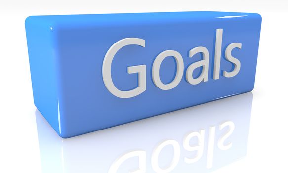 3d render blue box with Goals on it on white background with reflection