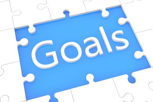 Goals - puzzle 3d render illustration with word on blue background