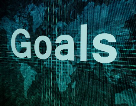 Goals text concept on green digital world map background 