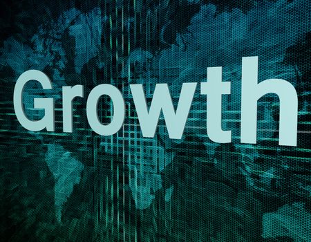 Growth text concept on green digital world map background 