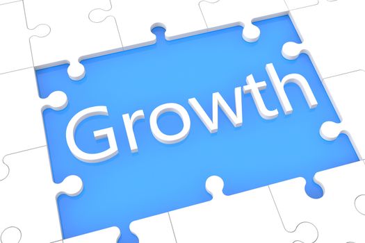 Growth - puzzle 3d render illustration with word on blue background