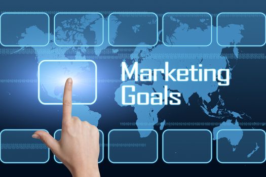 Marketing Goals concept with interface and world map on blue background
