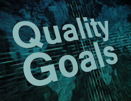 Quality Goals text concept on green digital world map background 