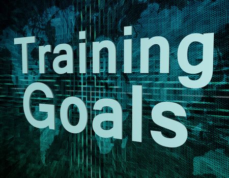 Training Goals text concept on green digital world map background 