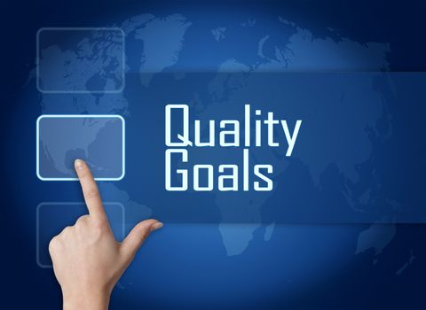 Quality Goals concept with interface and world map on blue background