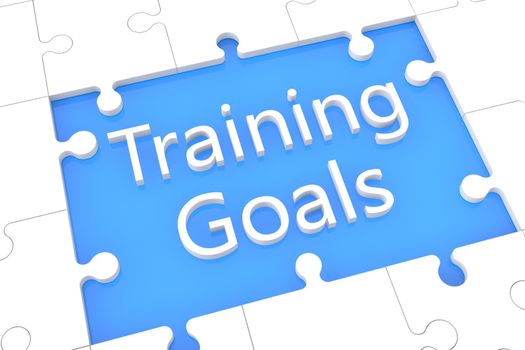 Training Goals - puzzle 3d render illustration with word on blue background