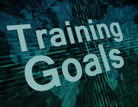 Training Goals text concept on green digital world map background 