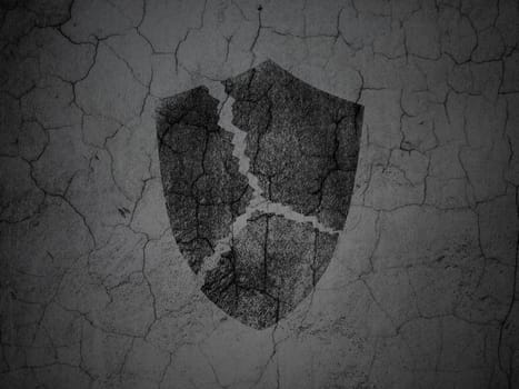 Privacy concept: Black Broken Shield on grunge textured concrete wall background, 3d render