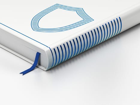 Safety concept: closed book with Blue Contoured Shield icon on floor, white background, 3d render
