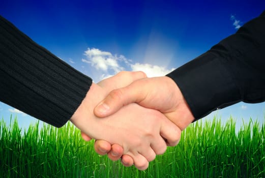Handshake on the Grass and Blue Sky Background