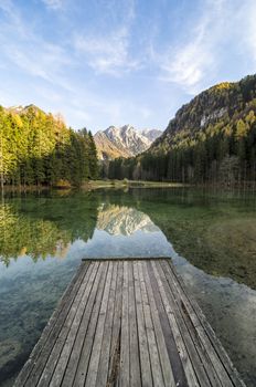 View from pier on a Jezersko lake, Slovenia, Europe.