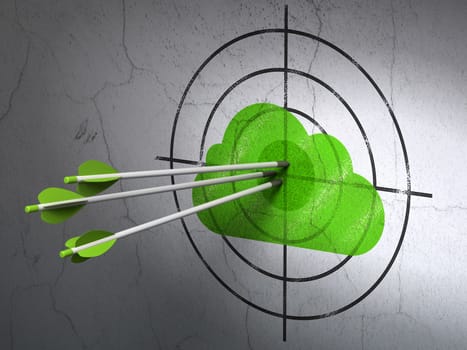 Success cloud networking concept: arrows hitting the center of Green Cloud target on wall background, 3d render