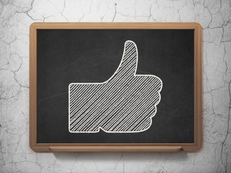 Social network concept: Thumb Up icon on Black chalkboard on grunge wall background, 3d render