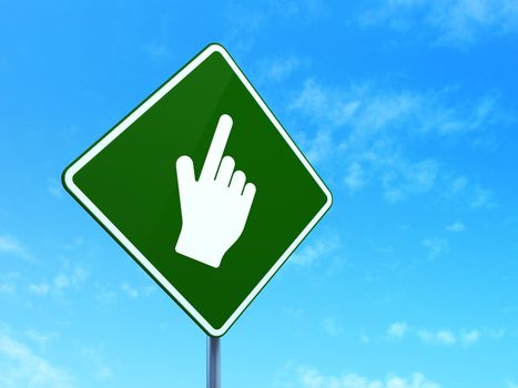 Web development concept: Mouse Cursor on green road (highway) sign, clear blue sky background, 3d render