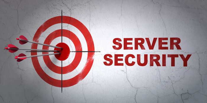Success security concept: arrows hitting the center of target, Red Server Security on wall background, 3d render