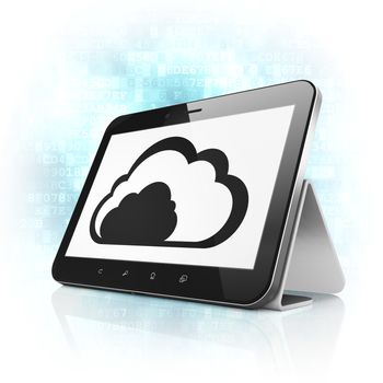 Cloud computing concept: black tablet pc computer with Cloud icon on display. Modern portable touch pad on Blue Digital background, 3d render