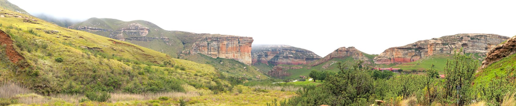 The Sentinel and hotel in the Golden Gate Highlands National Park, South Africa. Stitched panorama from 8 separate photos