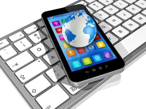 3D Smartphone with apps icons on Computer Keyboard and World Globe isolated on white