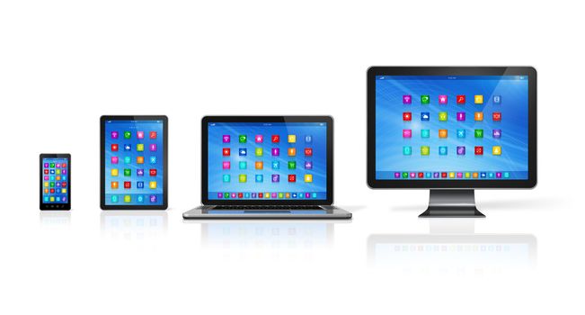 3D Smartphone, Digital Tablet Computer, Laptop and Monitor isolated on white with clipping path