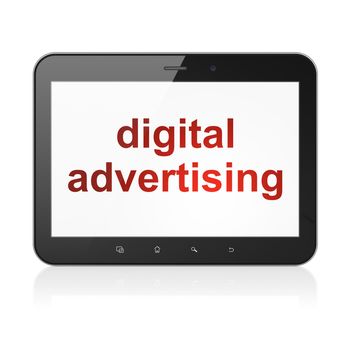 Advertising concept: black tablet pc computer with text Digital Advertising on display. Modern portable touch pad on White background, 3d render